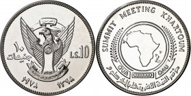 Sudán. Ah 1398/1978. 10 libras. (Kr. 77). Cumbre de la OAU en Kartum. Acuñación de 21 ejemplares. Muy rara. AG. 35,01 g. S/C.
