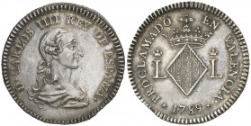 1789. Carlos IV. Valencia. Medalla de Proclamación. Módulo 2 reales. (Ha. 108) (V. 698) (VQ. 13159) (Cru.Medalles 246). Bella. Brillo original. Ex Áur...