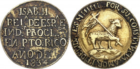 1834. Isabel II. Puerto Rico. Medalla de Proclamación. (Ha. 49 var metal) (V.Q. 13397 var metal). Perforación reparada. Muy rara, no hemos tenido ning...