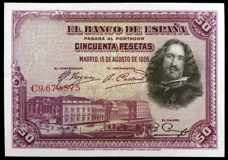 1928. 50 pesetas. (Ed. D8) (Ed. 407). 15 de agosto, Velázquez. Serie C. Sello en...