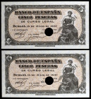 1937. Burgos. 5 pesetas. (Ed. D25a var) (Ed. 424a var). 18 de julio. Pareja, serie C. Un taladro. Dos perforaciones de grapa. Sin numeración. S/C-.
