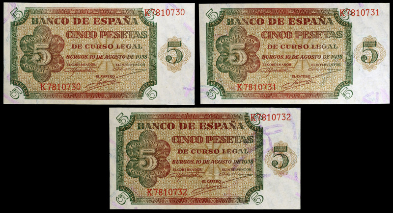 1938. Burgos. 5 pesetas. (Ed. D36a) (Ed. 435a). 10 de agosto. Trío correlativo, ...