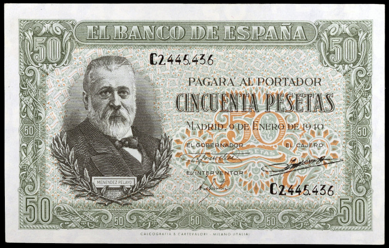 1940. 50 pesetas. (Ed. D38a) (Ed. 437a). 9 de enero, Menéndez Pelayo. Serie C. L...
