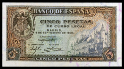 1940. 5 pesetas. (Ed. D44a) (Ed. 443a). 4 de septiembre, Alcázar de Segovia. Serie G. EBC.