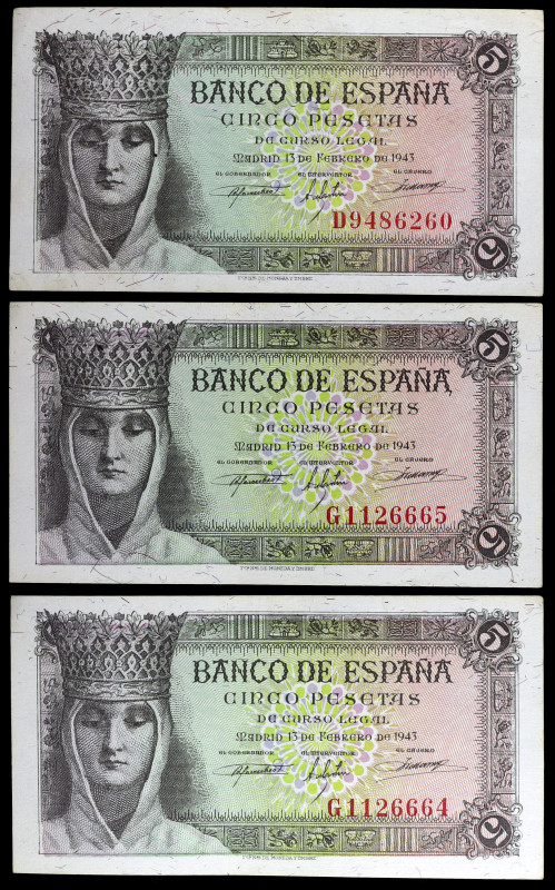 1943. 5 pesetas. (Ed. D47a) (Ed. 446a). 13 de febrero, Isabel la Católica. 3 bil...