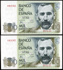 1979. 1000 pesetas. (Ed. E3) (Ed. 477). 23 de octubre, Pérez Galdós. Pareja correlativa sin serie, numeraciones muy bajas: 003144 y 003145. S/C.