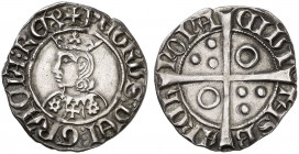 Pere III (1336-1387). Barcelona. Croat (Cru.V.S. 407.1) (Badia 303) (Cru.C.G. 2224a). Flores de seis pétalos y cruz en el vestido. Letras góticas exce...