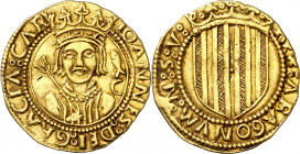 Joan II (1458-1479). Aragón. Ducado. (Cru.V.S. 988.1) (Cru.C.G. 3026a). Muy atractiva. Precioso color. Ex Áureo 20/04/2005, nº 223. Rarísima. 3,44 g. ...