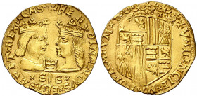 Ferran II (1479-1516). València. Ducat. (Cru.V.S. 1199) (Cru.C.G. 3115i var) (AC. 119). Corona entre los bustos, S/S en exergo. Armas catalanas de dos...