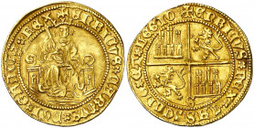 Enrique IV (1454-1474). Sevilla. Enrique "de la silla baja". (AB. 644) (Imperatrix E4:3.48, mismo ejemplar). Orlas circulares. Leones coronados. Bella...