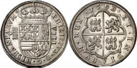 1591/0. Felipe II. Segovia. 8 reales. (AC. 712) (AC. pdf 710). Acueducto de tres arcos y dos pisos. Bella. Brillo riginal. Rara y más así. 27,22 g. S/...