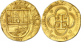 s/d. Felipe II. Sevilla. . 4 escudos. (AC. 887) (Tauler 11). Bella. Precioso color. Ex Áureo 22/10/1998, nº 2270. Rara así. 13,46 g. EBC+.
