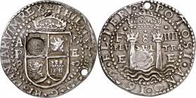 1652. Felipe IV. Potosí. E. 8 reales. (AC. 1409) (Lázaro 128, mismo ejemplar). Redonda. Tipo "Real". Resello NE nexadas en círculo (falso) incuso en a...