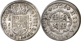 1726/5. Felipe V. Sevilla. J. 1 real. (AC. 648). Pequeño exceso de plata en reverso. Bella. Brillo original. Ex Áureo 19/12/2001, nº 955. 2,93 g. S/C-...
