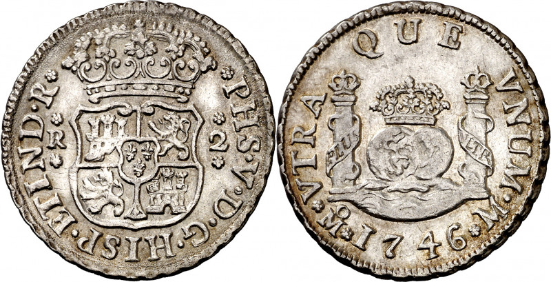 1746. Felipe V. México. M. 2 reales. (AC. 836). Columnario. Bella. Parte de bril...