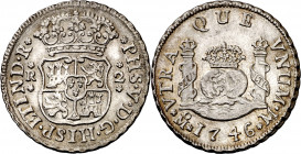 1746. Felipe V. México. M. 2 reales. (AC. 836). Columnario. Bella. Parte de brillo original. Ex Áureo 17/10/2001, nº 1114. Rara así. 6,73 g. EBC.