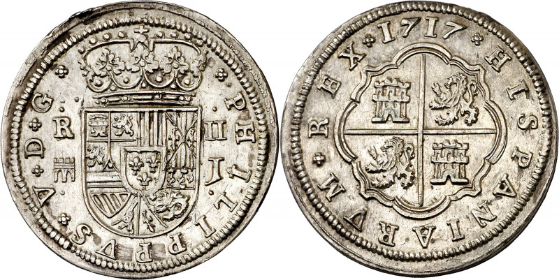 1717. Felipe V. Segovia. J. 2 reales. (AC. 944). Bella. Brillo original. Rara as...