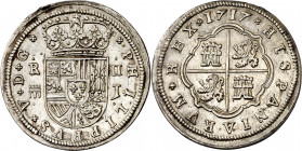 1717. Felipe V. Segovia. J. 2 reales. (AC. 944). Bella. Brillo original. Rara así. 6,73 g. S/C-.