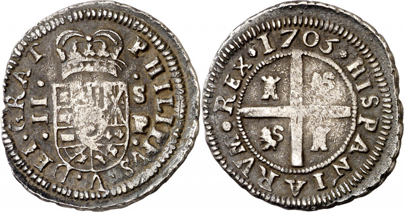 1705. Felipe V. Sevilla. P. 2 reales. (AC. 972). Acuñación floja en pequeñas zon...