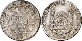 1745. Felipe V. México. MF. 8 reales. (AC. 1468). Columnario. Parte de brillo original. Escasa así. 27 g. EBC.