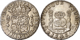 1746. Felipe V. México. MF. 8 reales. (AC. 1470). Columnario. Atractiva. Pátina. Escasa así. 26,88 g. EBC.