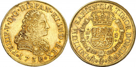 1738/7. Felipe V. México. MF. 8 escudos. (AC. 2238) (Cal.Onza 433). Mínimas golpecitos. Bella. Precioso color. Rara. 26,96 g. EBC-/EBC.