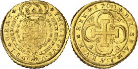 1701. Felipe V. Sevilla. M. 8 escudos. (AC. 2267) (Cal.Onza 464 var). Tipo "cruz". Puntos acotando . 8-M-S-8. El primer 8 rectifica sobre VIII. Bella....