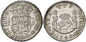 1748. Fernando VI. México. M. 2 reales. (AC. 287). Columnario. Bella. Rara así. Ex Colección Isabel de Trastámara 27/05/2014, nº 880. 6,61 g. EBC+/EBC...