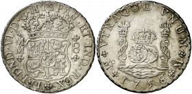 1758. Fernando VI. México. MM. 8 reales. (AC. 494). Columnario. Hojita y rayita. Extraordinario ejemplar. Brillo original. Ex Colección Isabel de Tras...