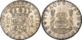 1759. Fernando VI. México. MM. 8 reales. (AC. 495). Columnario. Leves marquitas. Brillo original. Escasa así. 26,88 g. EBC.