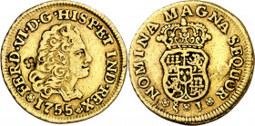 1755/4. Fernando VI. Santiago. J. 1 escudo. (AC. 633, indica RRR, sin precio) (Kr. falta). Busto de Felipe V. Contramarca particular. No figuraba en l...