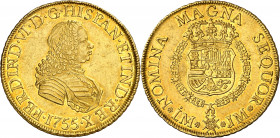1755. Fernando VI. Lima. JM. 8 escudos. (AC. 769) (Cal.Onza 582). Segundo busto. Sin punto sobre el ensayador. Mínimas marquitas. Parte de brillo orig...