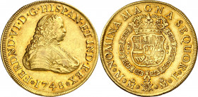 1748. Fernando VI. México. MF. 8 escudos. (AC. 781) (Cal.Onza 597). Golpecito en borde del anverso. Precioso color. Rara y más así. 26,93 g. EBC-.