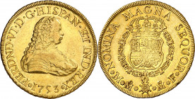 1753. Fernando VI. México. MF. 8 escudos. (AC. 788) (Cal.Onza 604). Bella. Precioso color. Rara y más así. 26,96 g. EBC-/EBC.