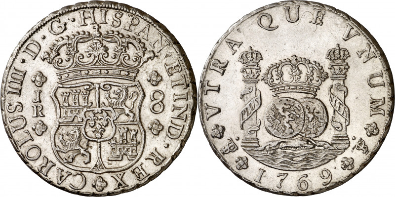 1769. Carlos III. Potosí. JR. 8 reales. (AC. 1165). Columnario. 9 curvo. Estuvo ...