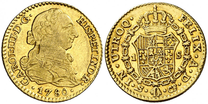 1780. Carlos III. Sevilla. CF. 1 escudo. (AC. 1499). Exceso de oro en reverso. B...