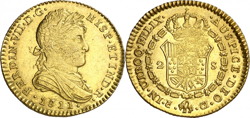 1811. Fernando VII. Cádiz. CI. 2 escudos. (AC. 1576). Busto laureado y drapeado....