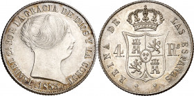 1853. Isabel II. Barcelona. 4 reales. (AC. 426). Bella. Brillo original. Ex Áureo 22/10/1998, nº 2478. Rara así. 5,34 g. EBC+.