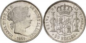 1859. Isabel II. Madrid. 20 reales. (AC. 616). Bella. Brillo original. Rara así. 25,92 g. EBC+/S/C-.
