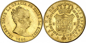 1845. Isabel II. Barcelona. PS. 80 reales. (AC. 713). Busto pequeño. Leves rayitas. Bella. Brillo original. Rara así. 6,71 g. S/C-/S/C.