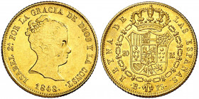 1848. Isabel II. Barcelona. PS. 80 reales. (AC. 717). Busto grande. Bella. Brillo original. Rara y más así. 6,71 g. EBC/EBC+.