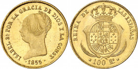 1855. Isabel II. Barcelona. 100 reales. (AC. 763). Bella. Brillo original. Ex Áureo 25/10/2000, n º 1118. Rara así. 8,40 g. EBC+.
