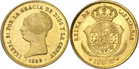 1855. Isabel II. Sevilla. 100 reales. (AC. 796). Mínimas rayitas. Muy bella. Brillo original. Rara así. 8,33 g. S/C-.