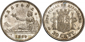 1869*69. Gobierno Provisional. SNM. 20 céntimos. (AC. 11). Bellísima. Brillo original. La moneda de plata más rara del Centenario de la Peseta, sólo 9...