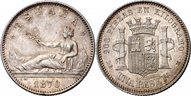 1870*1873. I República. DEM. 1 peseta. (AC. 19). Precioso color. Rara así. 4,99 g. EBC+.