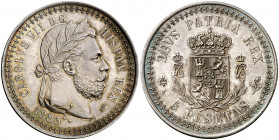 1885. Carlos VII, Pretendiente. Bruselas. 5 pesetas. (AC. 19). Muy bella. Preciosa pátina. Brillo original. Rarísima, sólo hemos tenido otros tres eje...