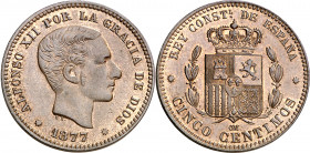1877. Alfonso XII. Barcelona. OM. 5 céntimos. (AC. 4). Atractiva. Parte de brillo original. Escasa así. 5,01 g. EBC+.