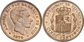 1879. Alfonso XII. Barcelona. OM. 5 céntimos. (AC. 6). Bella. Brillo original. Escasa así. 4,93 g. S/C-.