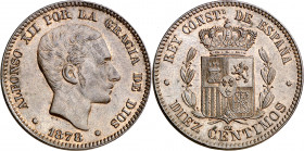 1878. Alfonso XII. Barcelona. OM. 10 céntimos. (AC. 9). Bella. Parte de brillo original. Escasa así. 9,72 g. S/C-.