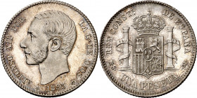 1885*1886. Alfonso XII. MSM. 1 peseta. (AC. 25). Muy bella. Preciosa pátina. Brillo original. Rara así. 4,98 g. EBC+.